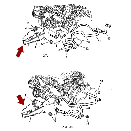 Схема расположения бачка расширительного системы охлаждения Chrysler Intrepid | Крайслер Интрепид 98–04 года выпуска