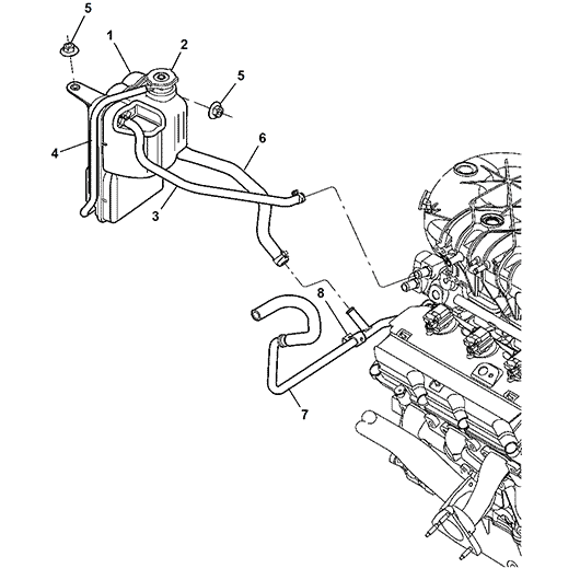 Схема расположения Бачка системы охлаждения на Chrysler Pacifica | Крайслере Пацифика 04–08 года выпуска