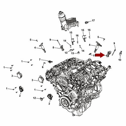 Схема расположения датчика положения распредвала Jeep Grand Cherokee WK2 | Джип Гранд Чероки 11–17 года выпуска