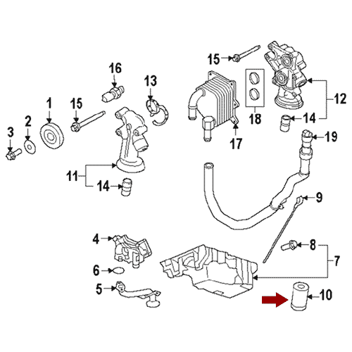 Схема расположения фильтра масляного на Ford Edge | Форд Эдж 09–17 годов выпуска