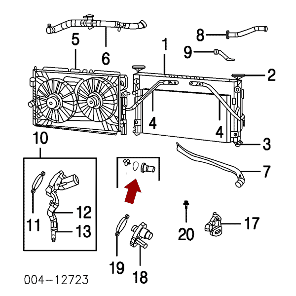 Схема расположения кольца уплотнительного термостата на Крайслере Себринг 07-10 годов выпуска