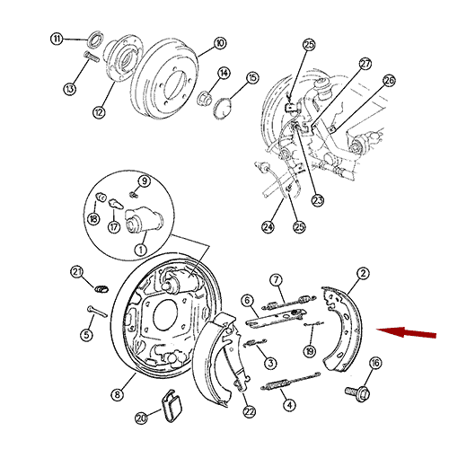 Схема расположения колодок тормозных барабанных на Крайслере Себринг 96 года выпуска
