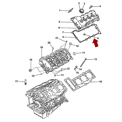 Схема расположения комплекта прокладок клапанной крышки на Крайслер Интрепид 01–04 года выпуска