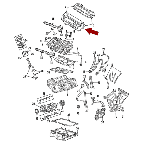 Схема расположения комплекта прокладок клапанной крышки на Ford Escape | Форд Эскейп 03–06 года выпуска