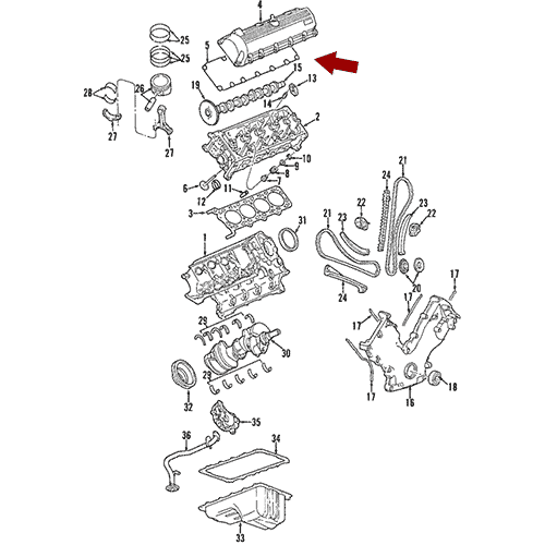 Схема расположения комплекта прокладок клапанной крышки на Ford Expedition | Форде Экспедишн 04 года выпуска