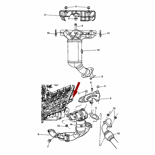 Схема расположения прокладки выпускного коллектора на Крайслере Пацифика 04–08 года выпуска
