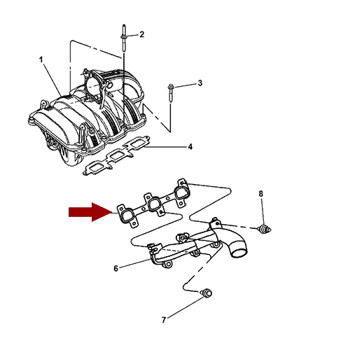 Схема расположения комплекта прокладок выпускного коллектора Jeep Grand Cherokee | Джип Гранд Чероки 05–06 года выпуска
