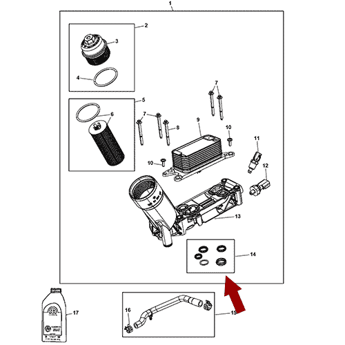 Схема расположения уплотнительных колец (прокладок) адаптера масляного фильтра на Jeep Grand Cherokee | Джип Гранд Чероки 14–17 года выпуска