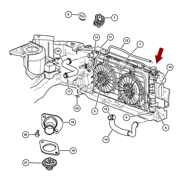 Схема расположения крышки термостата на Крайслере Вояджер 96-08 годов выпуска