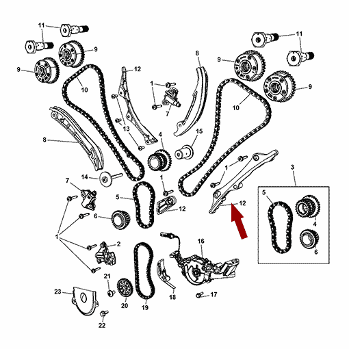 Схема расположения направляющей для цепи ГРМ на Джип Гранд Чероки WK2 | Джипе Гранд Чероки 11–17 года выпуска