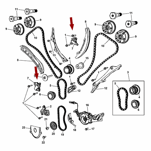 Схема расположения натяжителя цепи на Джипе Гранд Чероки 11–17 года выпуска