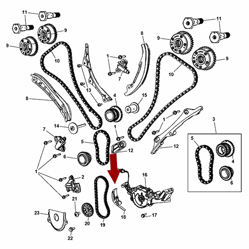 Схема расположения натяжителя цепи на Джипе Гранд Чероки 11–17 года выпуска