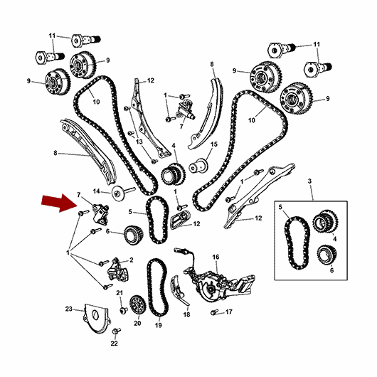 Схема расположения натяжителя цепи (ролика) ГРМ на Джипе Гранд Чероки 11–15 года выпуска