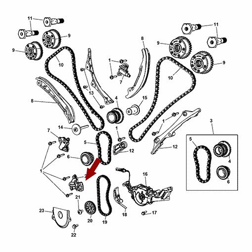 Схема расположения натяжителя привода ГРМ на Джипе Гранд Чероки 11–17 года выпуска