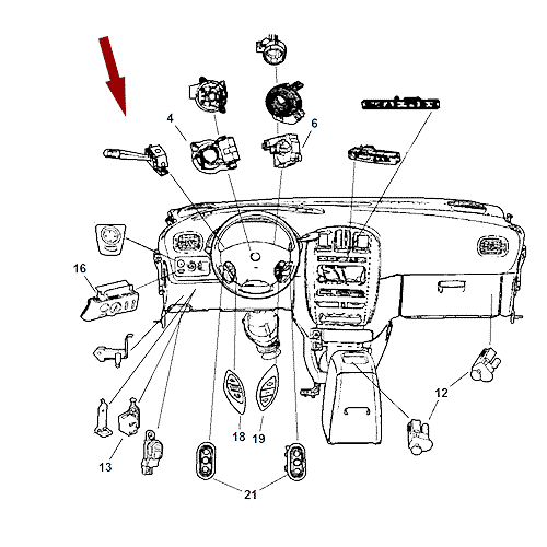Схема расположения переключателя подрулевого левого на Крайслере Вояджер 01-07 годов выпуска