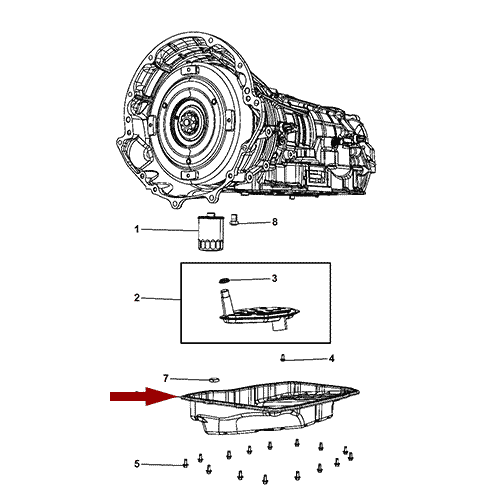 Схема расположения поддона АКПП Jeep Grand Cherokee WK2 | Джип Гранд Чероки 10–13 года выпуска