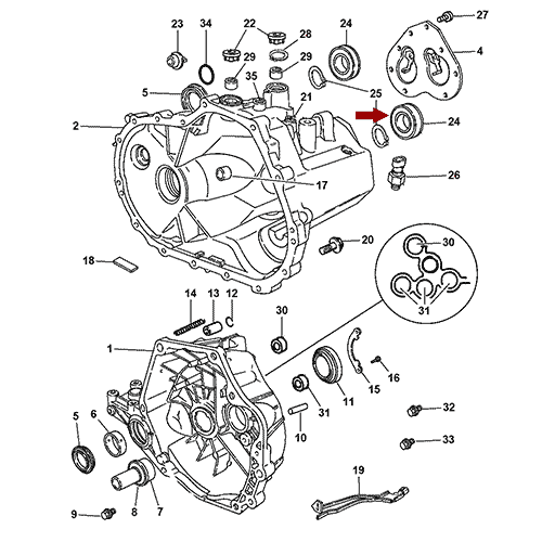 Схема расположения подшипника коробки передач на Chrysler Sebring | Крайслер Себринг 01–10 года выпуска