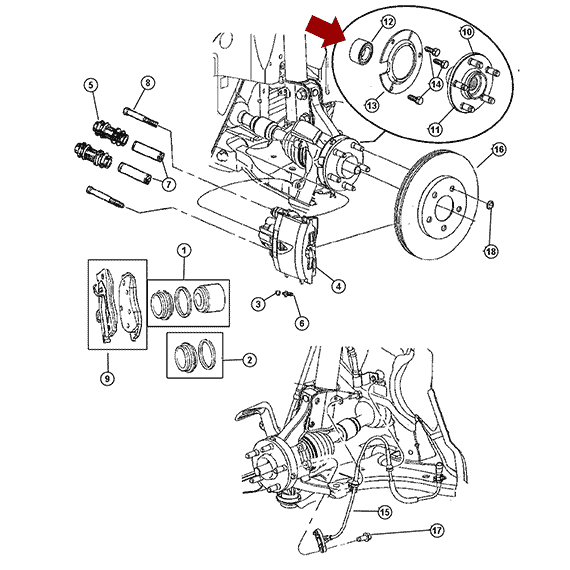 Схема расположения подшипника передней ступицы на Додж Неон 00–01 годов выпуска