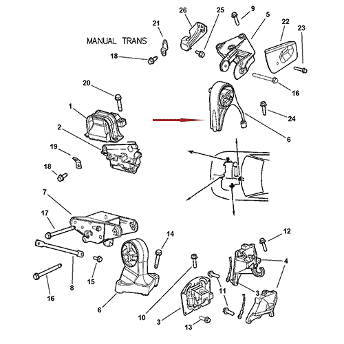 Схема расположения подушки двигателя передней на Крайслере Себринг 01–06 годов выпуска