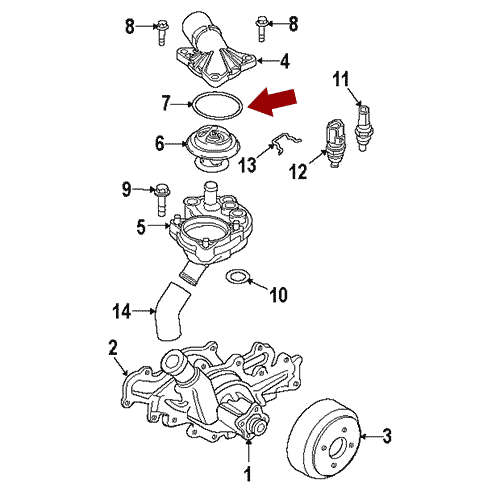 Схема расположения прокладки корпуса термостата на Ford Ranger | Форд Рейнджер 04–11 года выпуска