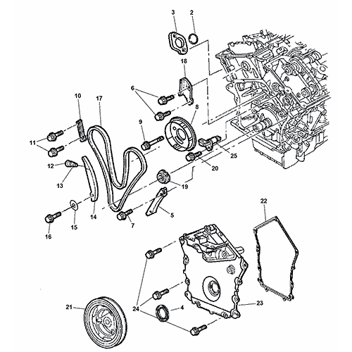 Схема расположения прокладки передней крышки на Крайслер Себринг 01-10 года выпуска