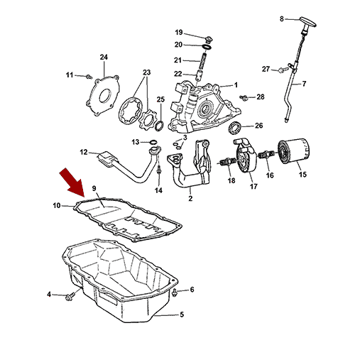 Схема расположения прокладки поддона двигателя на Крайслер Себринг 2.4 литра 01-06 года выпуска