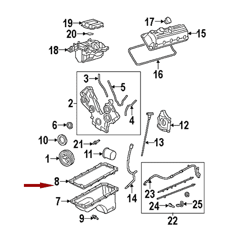 Схема расположения прокладки поддона двигателя на Ford Explorer | Форде Эксплорер 02–10 года выпуска