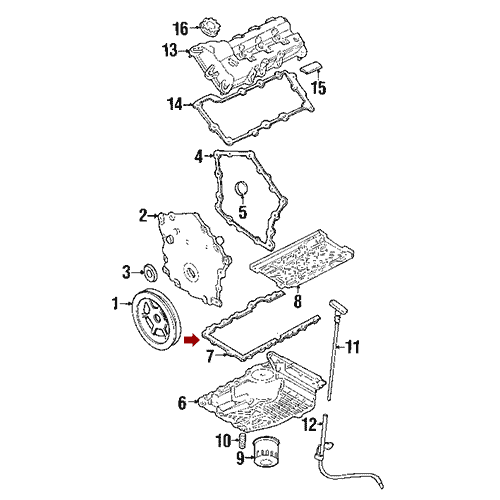 Схема расположения прокладки поддона двигателя на Крайслере Интрепид 98–04 года выпуска 2,7 литра