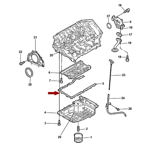 Схема расположения прокладки поддона двигателя на Крайслере Себринг 01–10 года выпуска 2,7 литра