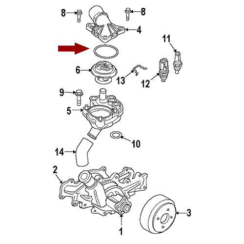 Схема расположения прокладки термостата на Ford Explorer | Форд Эксплорер 02–10 года выпуска 