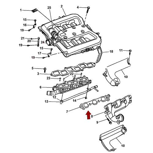 Схема расположения прокладки впускного коллектора на Крайслере Интрепид 00–04 года выпуска