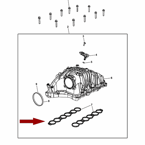 Схема расположения прокладки впускного коллектора на Jeep Grand Cherokee | Джип Гранд Чероки 11–17 года выпуска