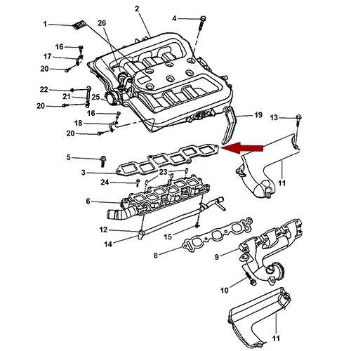 Схема расположения верхней прокладки впускного коллектора на Крайслер Интрепид 00–04 года выпуска