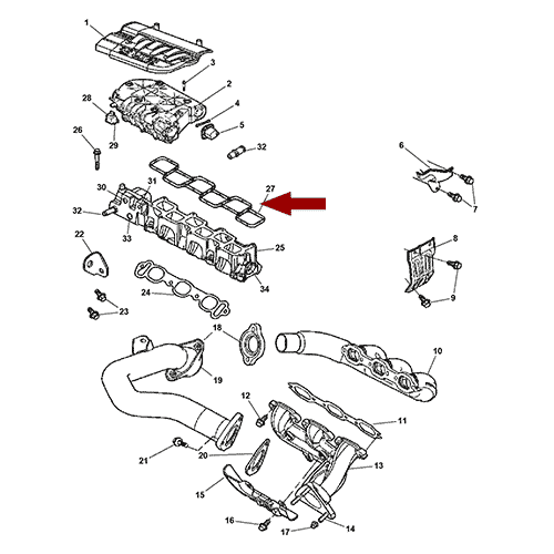 Схема расположения прокладки впускного коллектора на Крайслер Пацифика 04–08 года выпуска