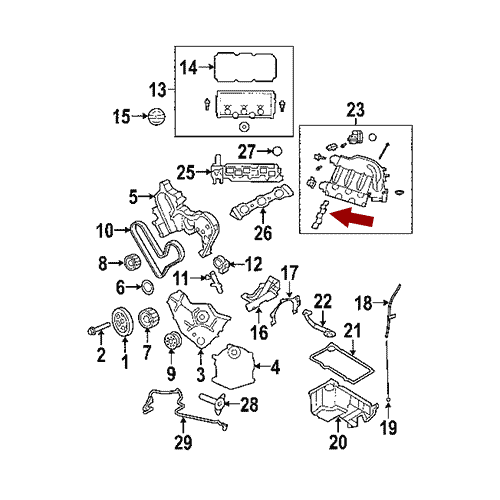 Схема расположения прокладки впускного коллектора на Крайслер Себринг 07–10 года выпуска