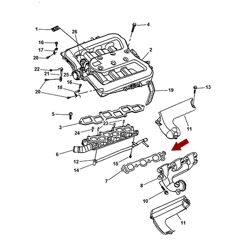 Схема расположения прокладки выпускного коллектора на Крайслер Интрепид 97–04 года выпуска