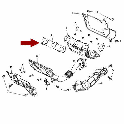 Схема расположения прокладки выпускного коллектора Jeep Grand Cherokee WK2 | Джип Гранд Чероки 11–17 года выпуска