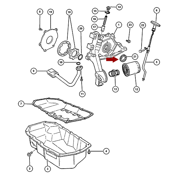 Схема расположения сальника коленвала переднего на Крайслере Себринг 96-06 годов выпуска внутренний