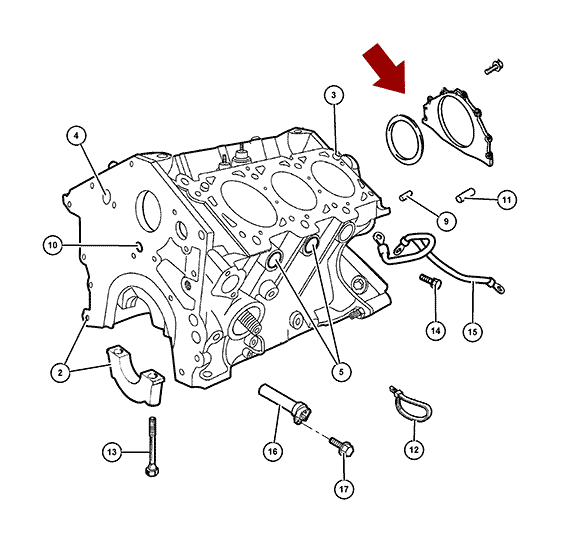 Схема расположения сальника коленвала заднего в копусе на Крайслере Интрепид 98-04 годов выпуска