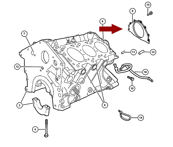 Схема расположения сальника коленвала заднего в копусе на Крайслере Пацифика 04-08 годов выпуска