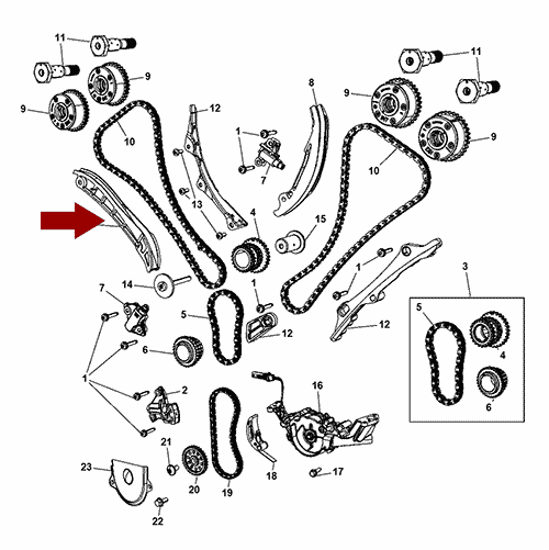 Схема расположения успокоителя цепи ГРМ Jeep Grand Cherokee | Джип Гранд Чероки 11–17 года выпуска