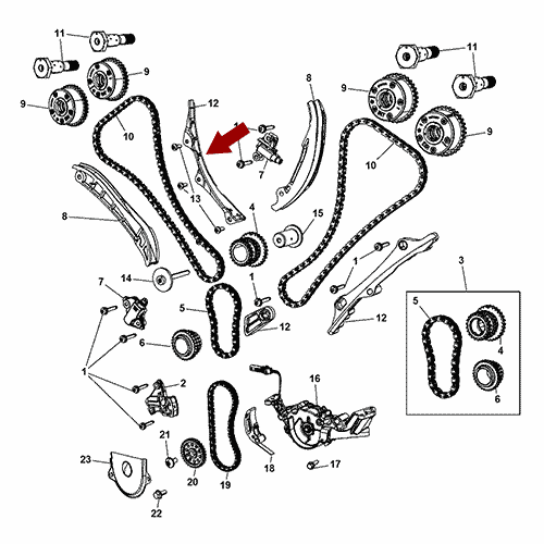 Схема расположения успокоителя цепи ГРМ на Джип Гранд Чероки 11–17 года выпуска